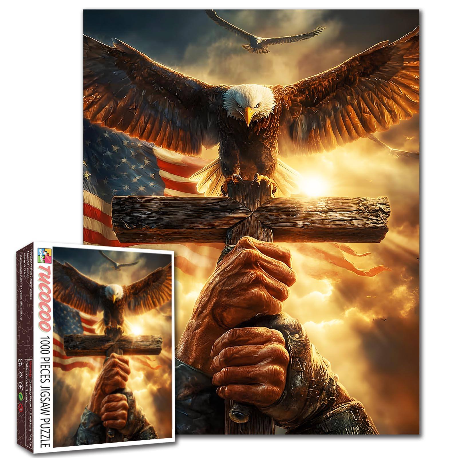 Faith Eagle Cross American Flag Dramatic Sky Jigsaw Puzzle