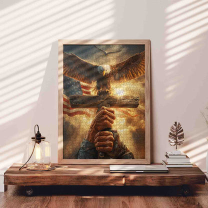 Faith Eagle Cross American Flag Dramatic Sky Jigsaw Puzzle