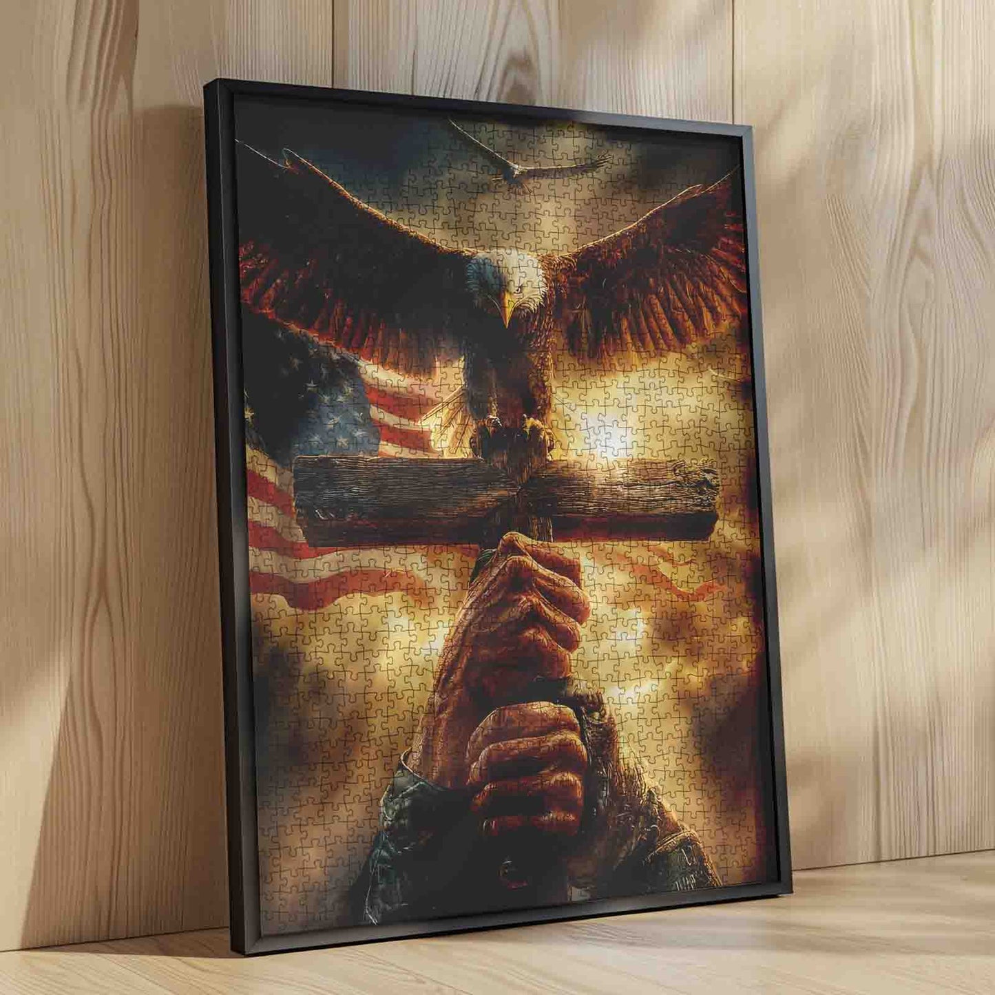 Faith Eagle Cross American Flag Dramatic Sky Jigsaw Puzzle