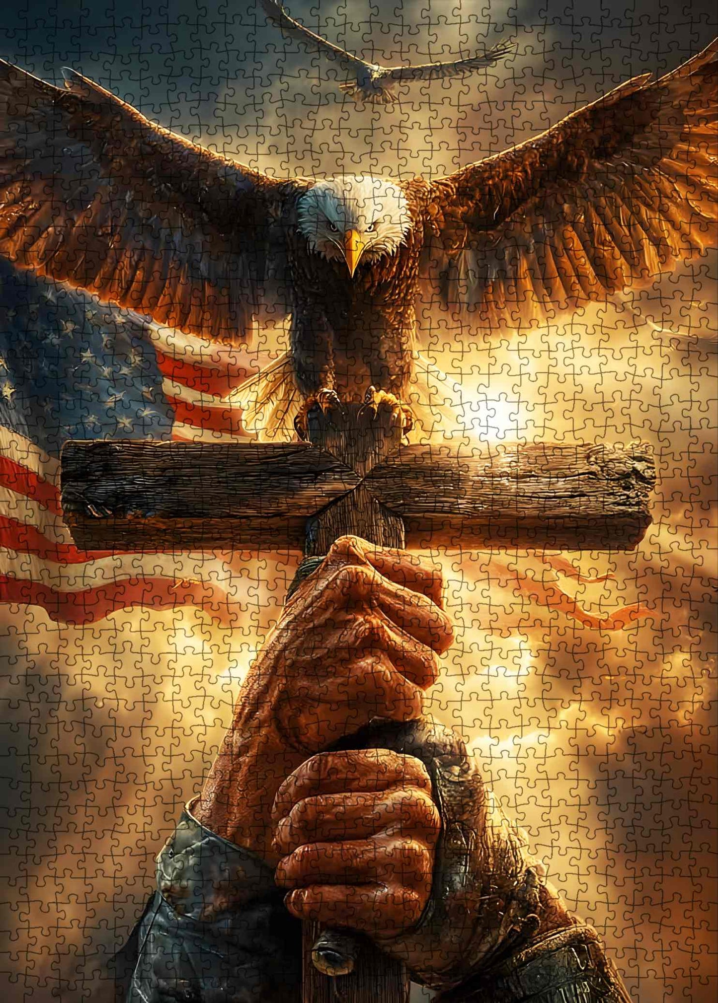 Faith Eagle Cross American Flag Dramatic Sky Jigsaw Puzzle