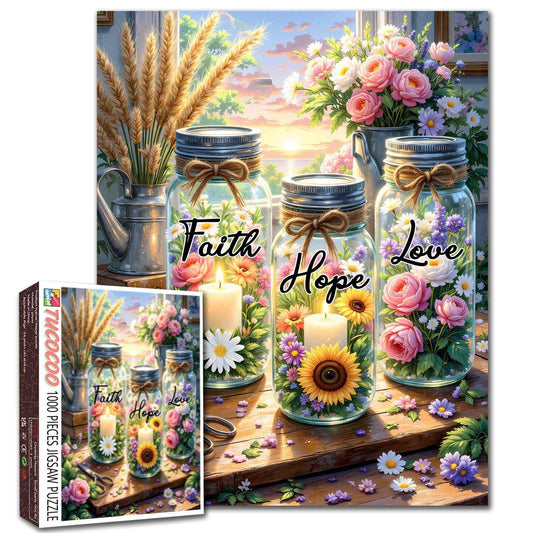 Faith Hope Love Floral Mason Jar Jigsaw Puzzle