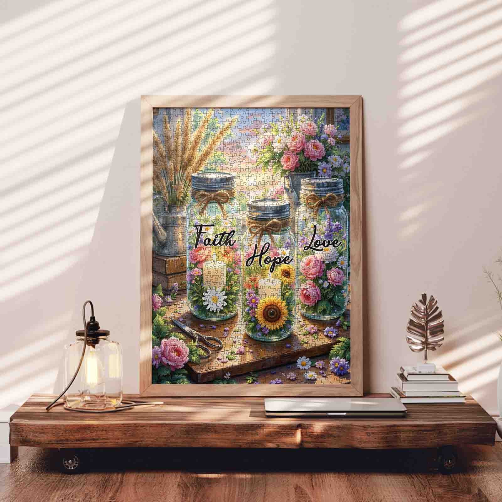 Faith Hope Love Floral Mason Jar Jigsaw Puzzle