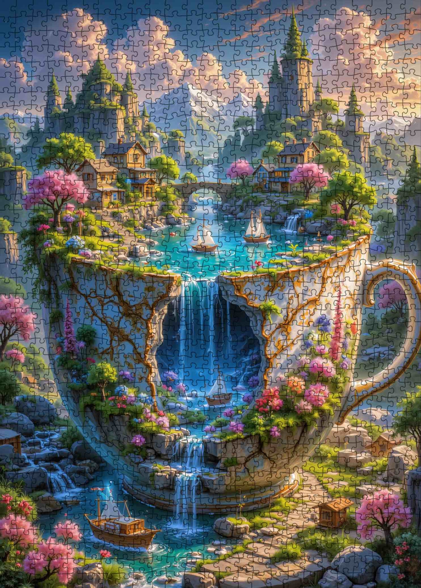 Fantasy Cliffside Village in Teacup Falls Jigsaw Puzzle