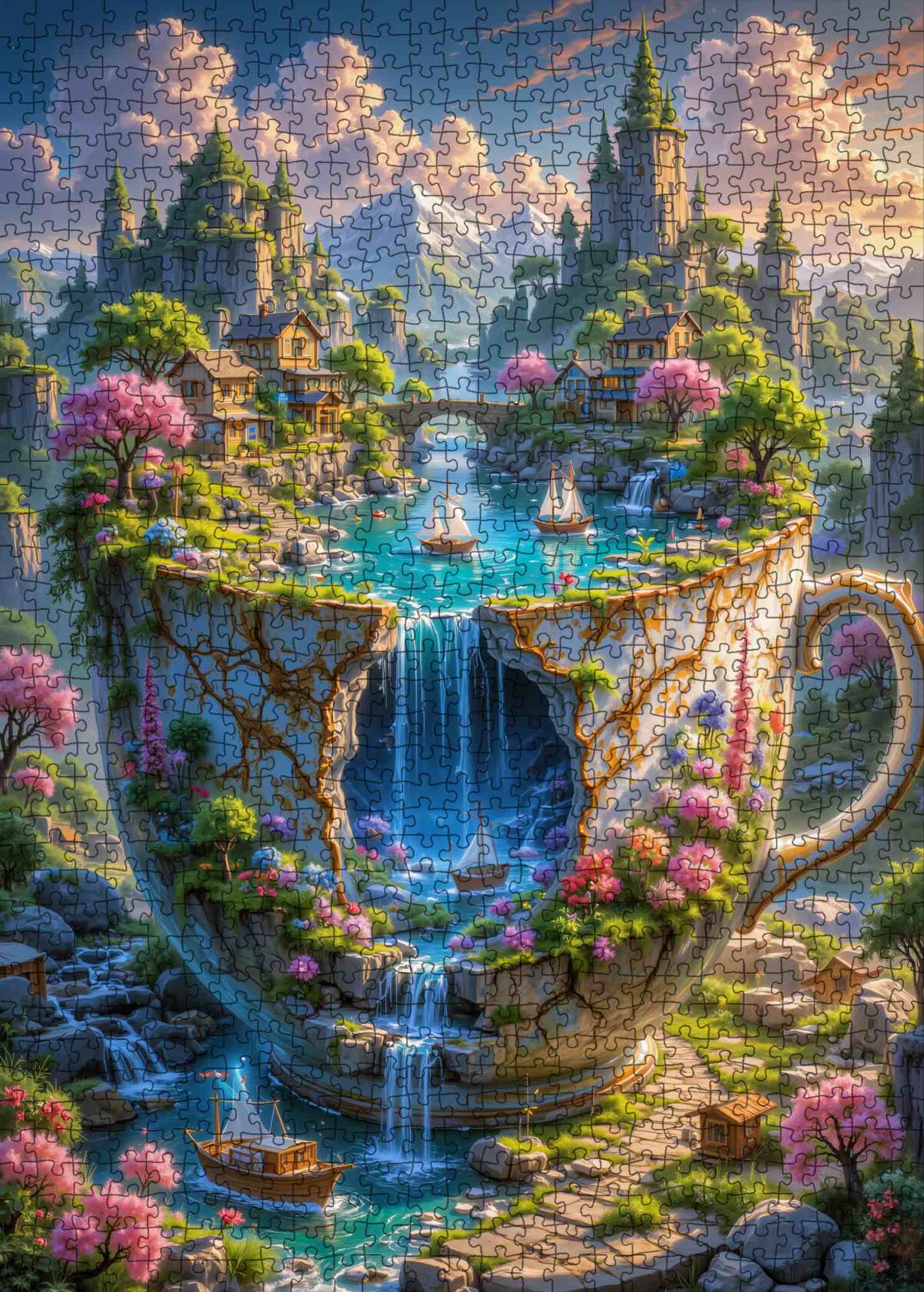 Fantasy Cliffside Village in Teacup Falls Jigsaw Puzzle