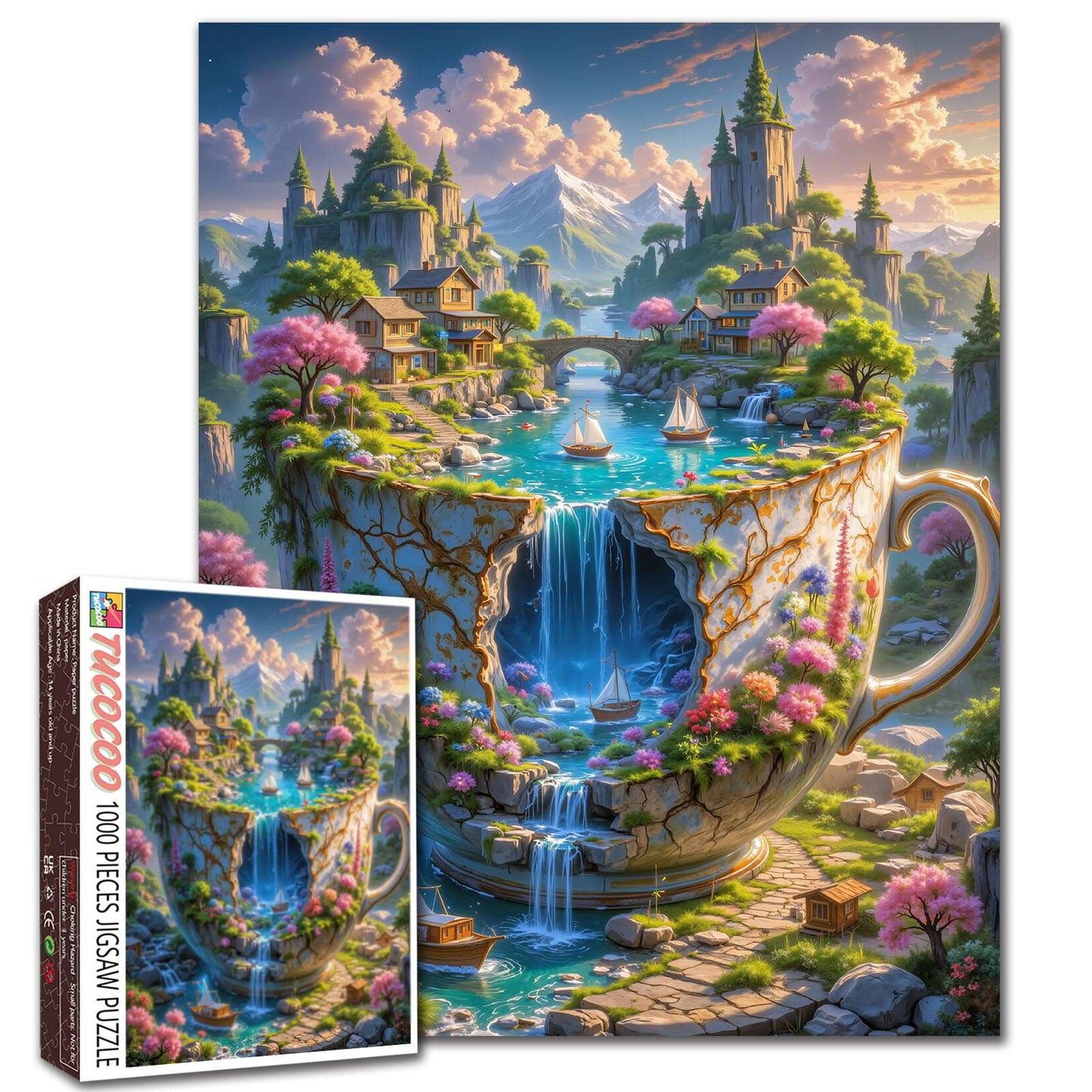 Fantasy Cliffside Village in Teacup Falls Jigsaw Puzzle