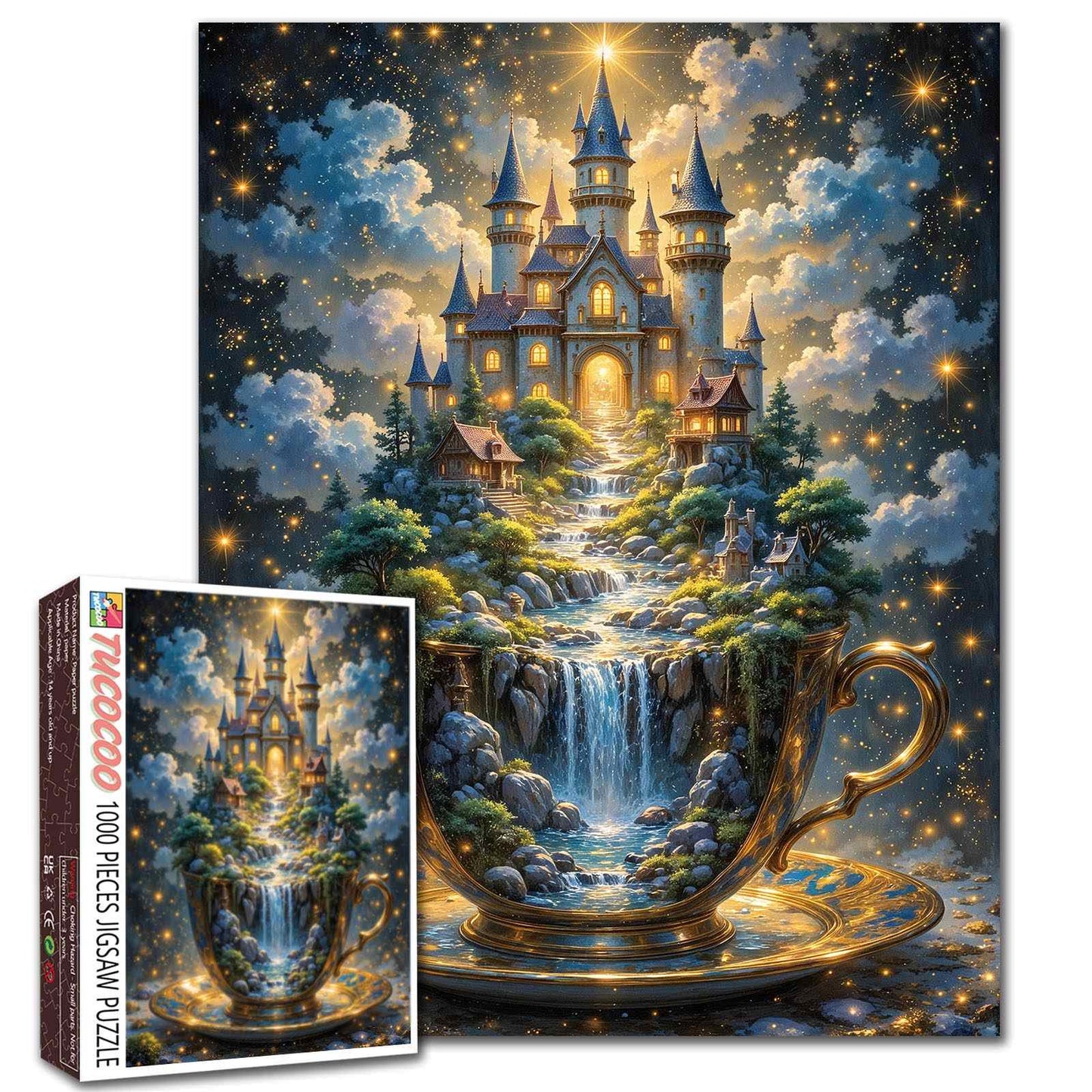 Fantasy Teacup Castle Waterfall Night Sky Jigsaw Puzzle