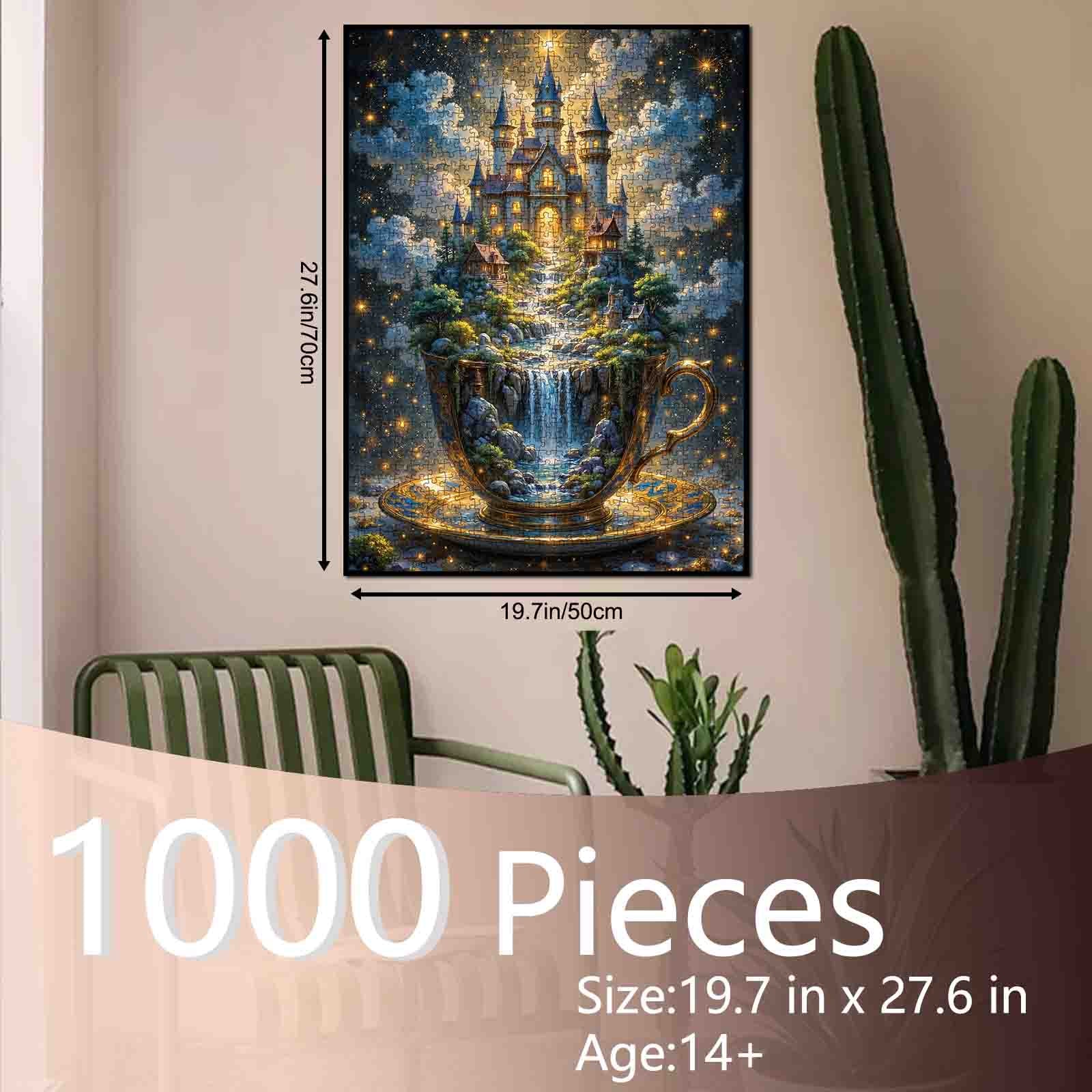 Fantasy Teacup Castle Waterfall Night Sky Jigsaw Puzzle