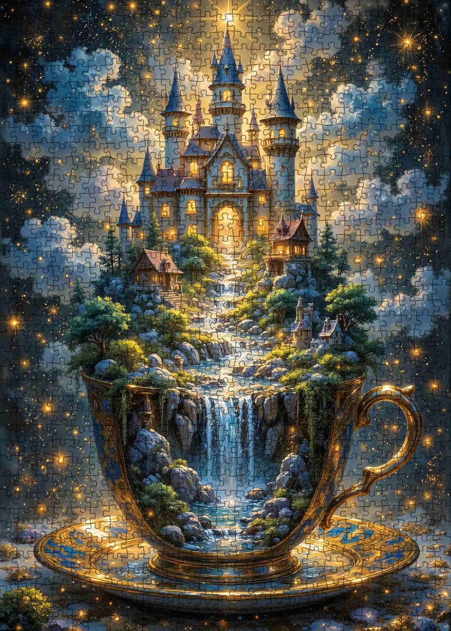 Fantasy Teacup Castle Waterfall Night Sky Jigsaw Puzzle