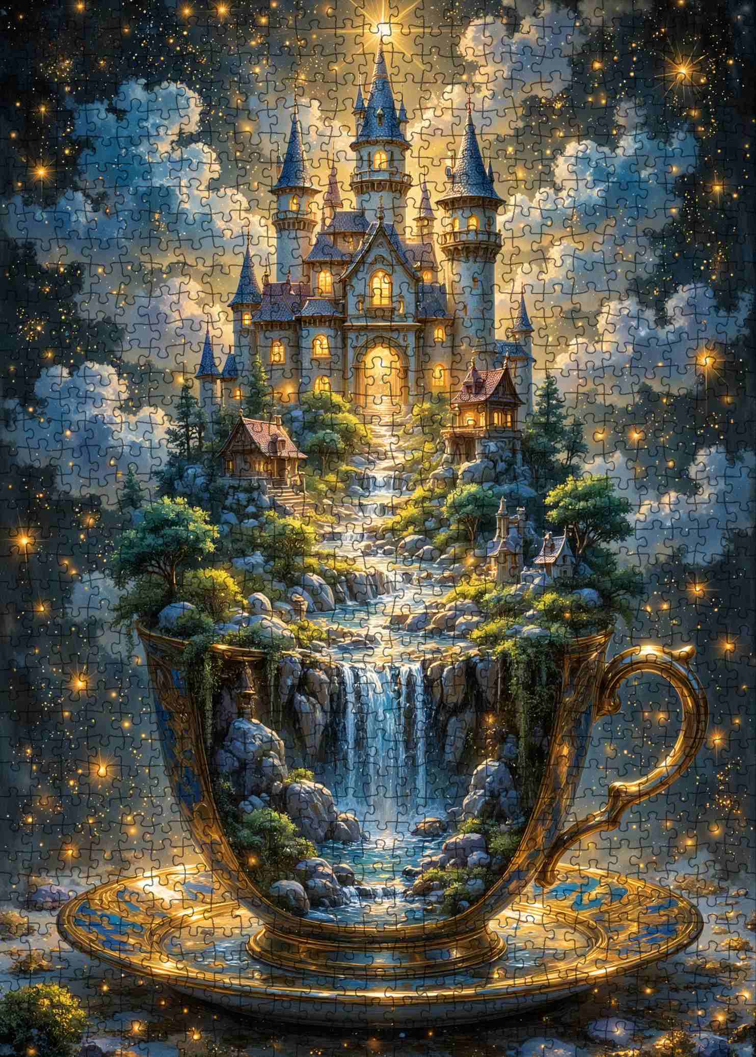 Fantasy Teacup Castle Waterfall Night Sky Jigsaw Puzzle