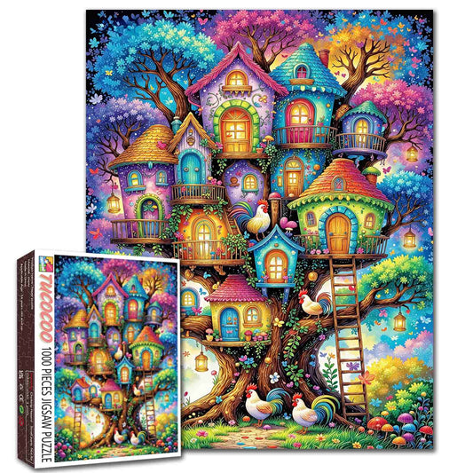 Fantasy Treehouse Village Colorful Dream Jigsaw Puzzle