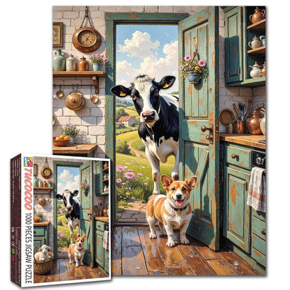 Farmhouse Kitchen Surprise Cow Corgi Jigsaw Puzzle