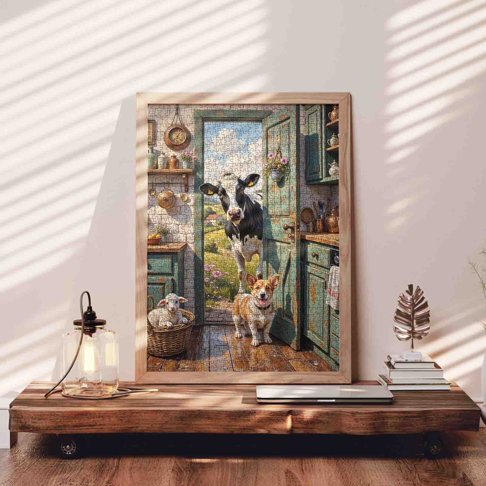 Farmhouse Kitchen Surprise Cow Corgi Jigsaw Puzzle