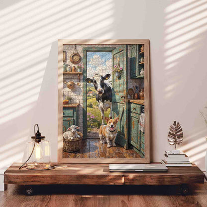 Farmhouse Kitchen Surprise Cow Corgi Jigsaw Puzzle