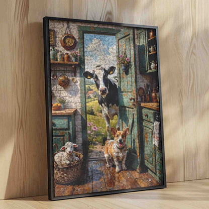 Farmhouse Kitchen Surprise Cow Corgi Jigsaw Puzzle