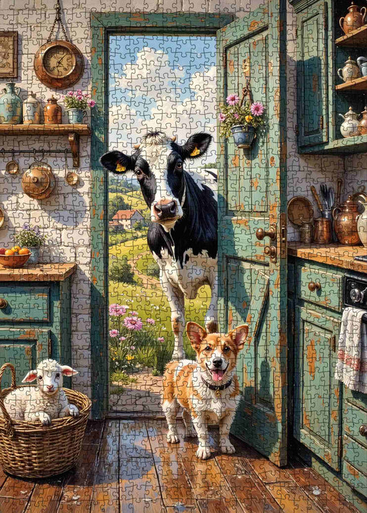 Farmhouse Kitchen Surprise Cow Corgi Jigsaw Puzzle