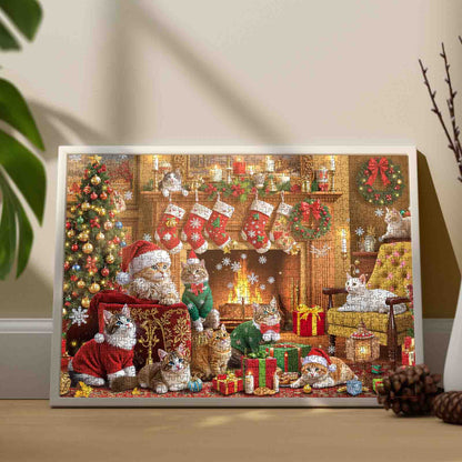 Festive Christmas Cats by the Fireplace Jigsaw Puzzle