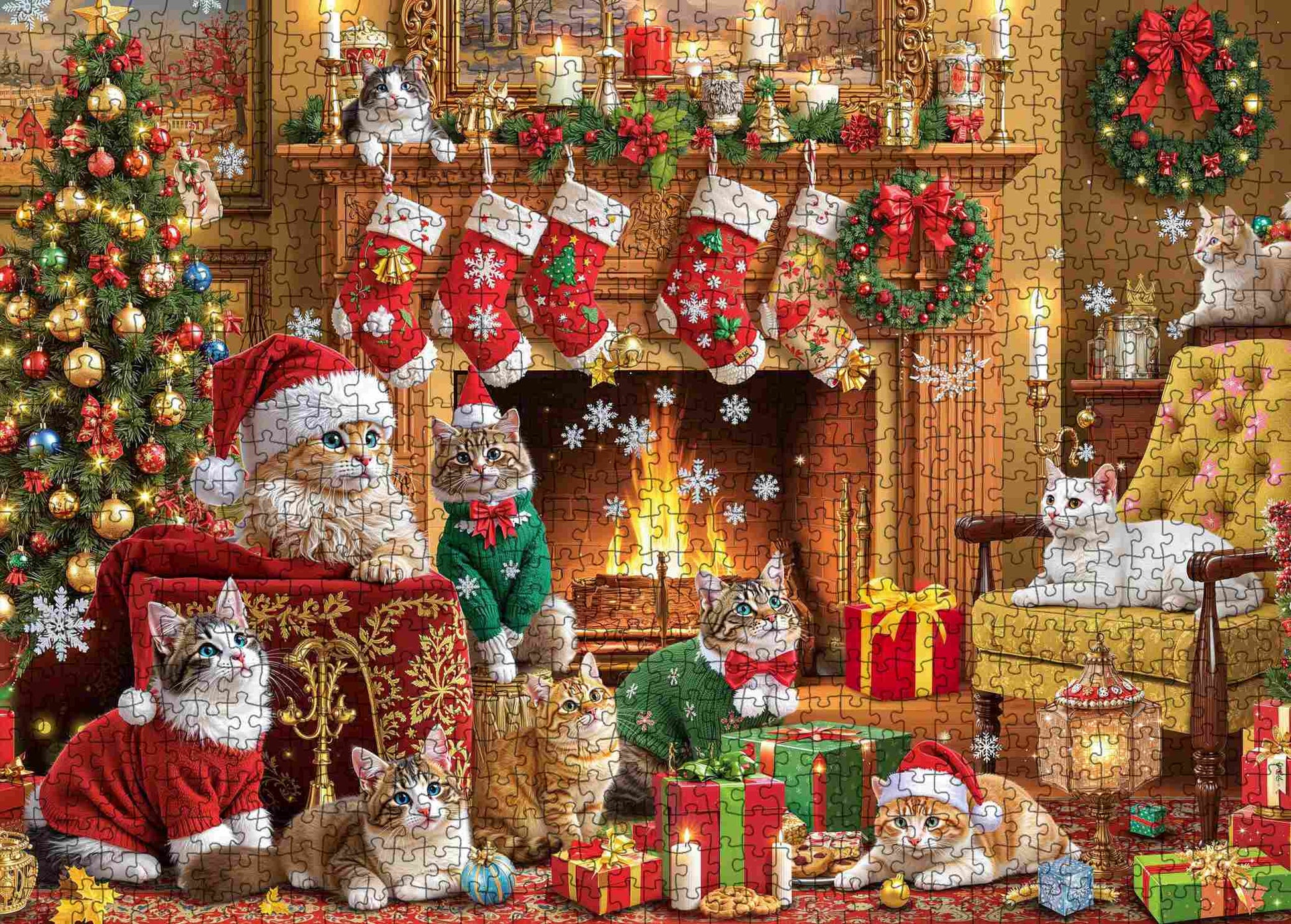 Festive Christmas Cats by the Fireplace Jigsaw Puzzle