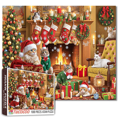 Festive Christmas Cats by the Fireplace Jigsaw Puzzle