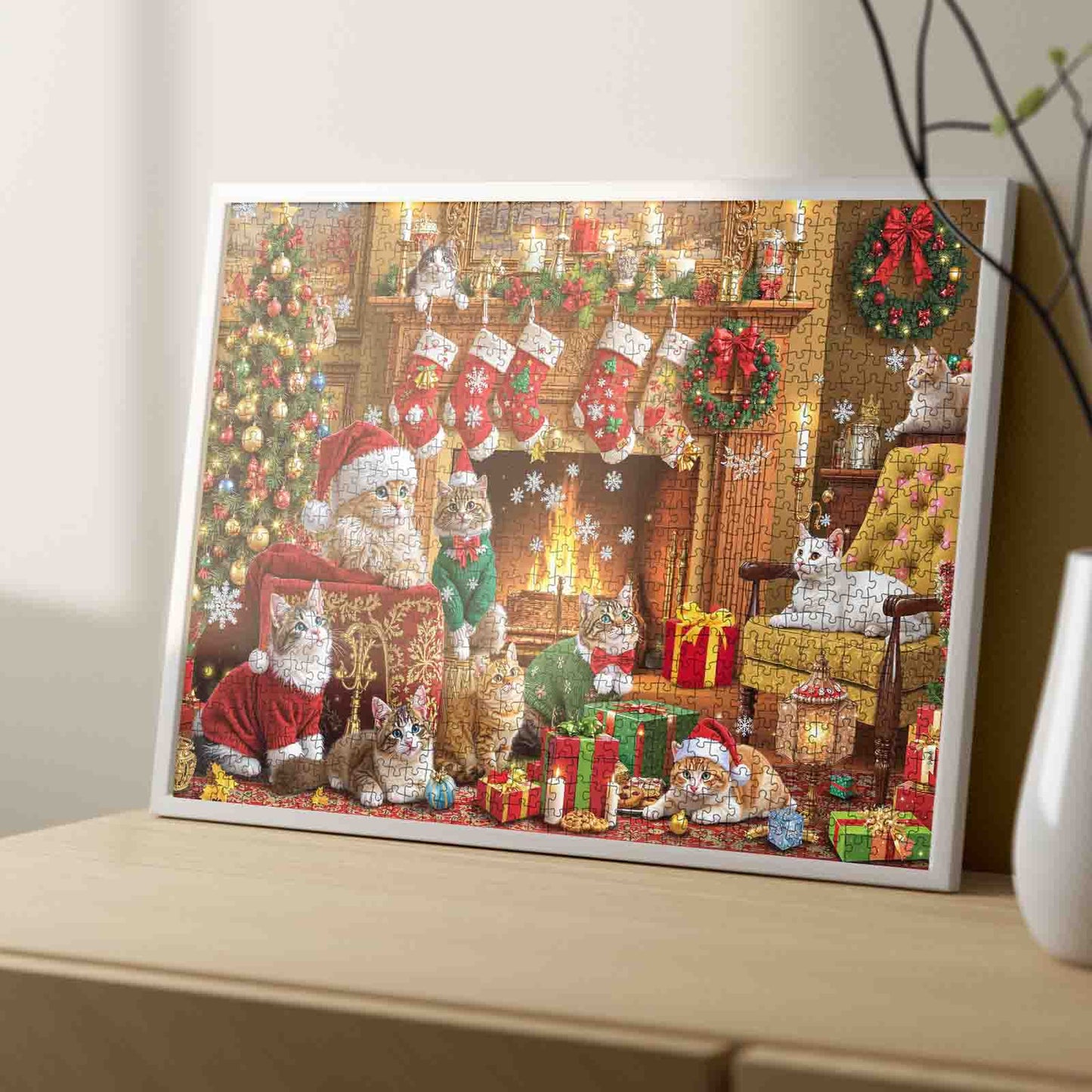 Festive Christmas Cats by the Fireplace Jigsaw Puzzle