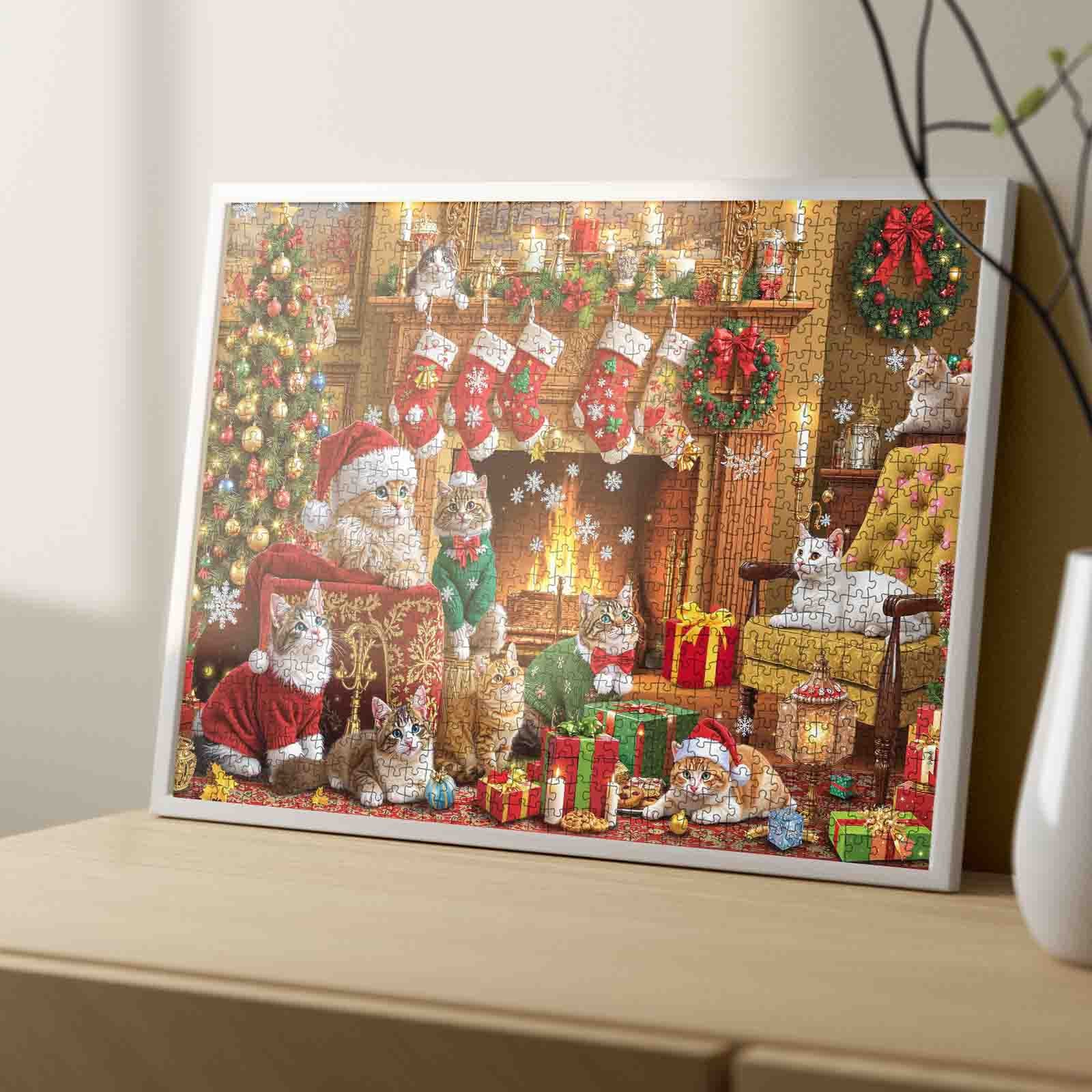Festive Christmas Cats by the Fireplace Jigsaw Puzzle