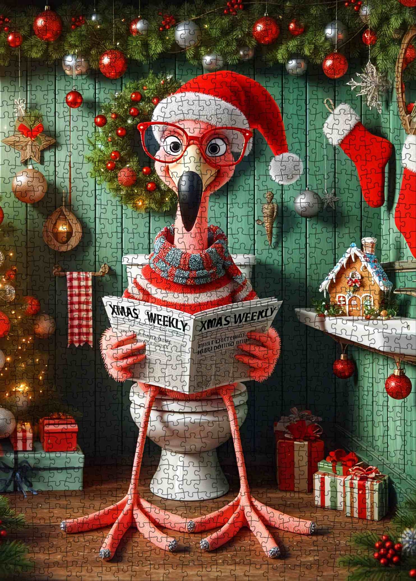 Festive Flamingo Toilet Reading Jigsaw Puzzle