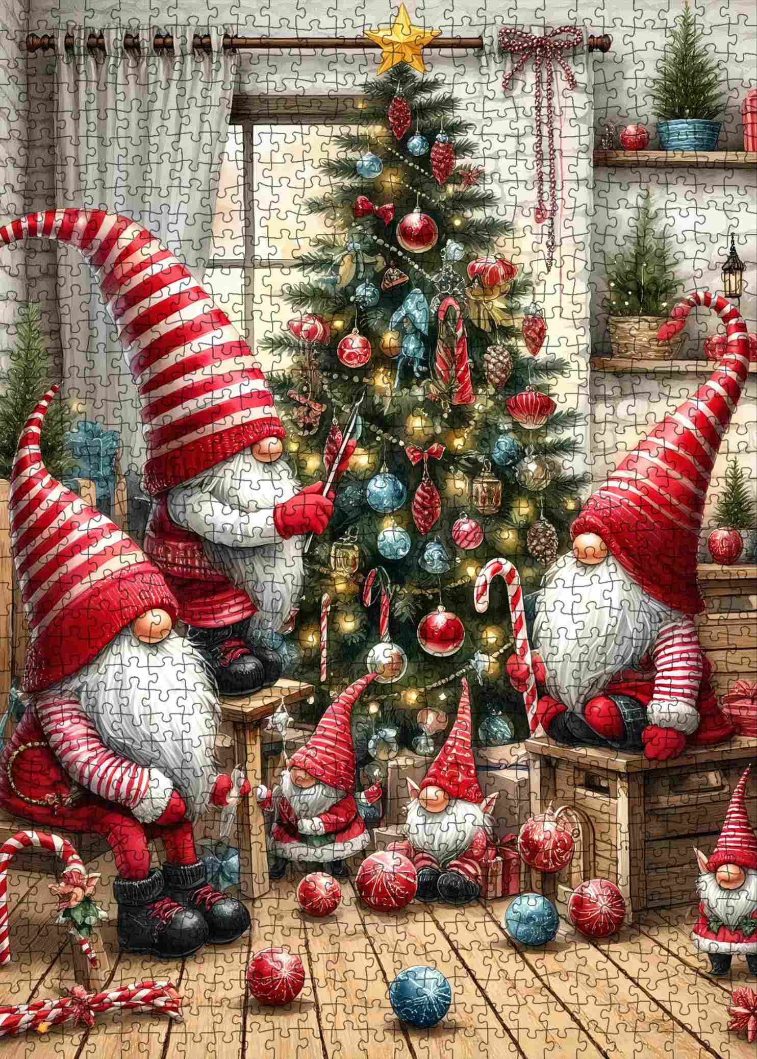 Festive Gnomes Decorating Tree Jigsaw Puzzle