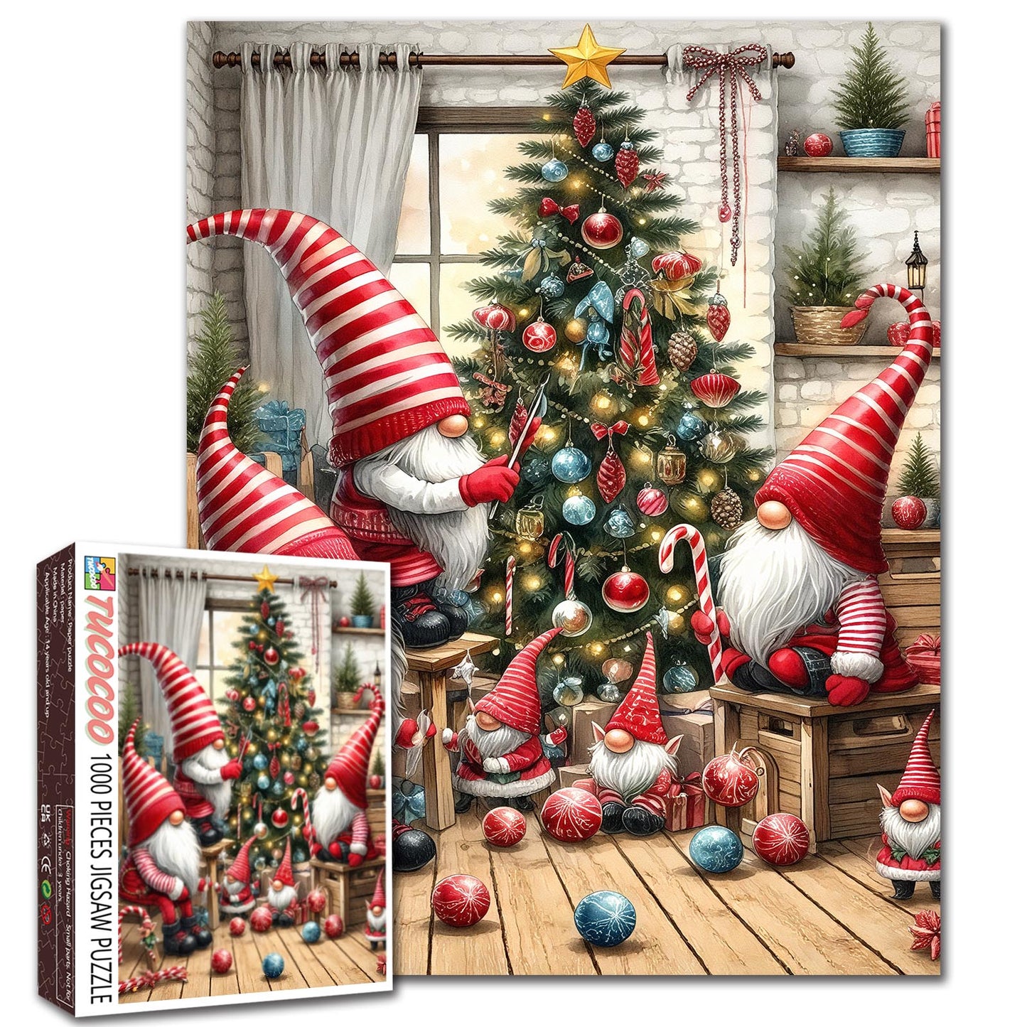 Festive Gnomes Decorating Tree Jigsaw Puzzle