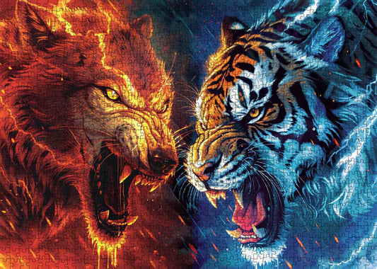 Fire and Ice Wolf and Tiger Jigsaw Puzzle