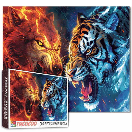 Fire and Ice Wolf and Tiger Jigsaw Puzzle