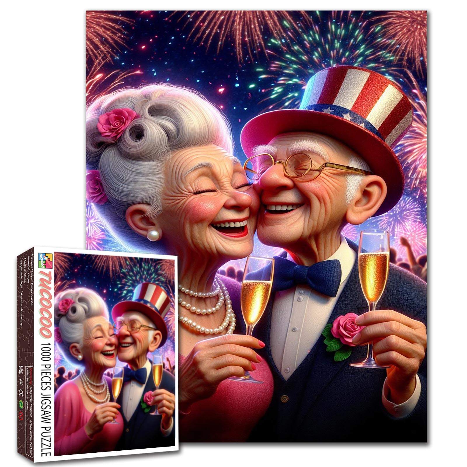 Fireworks Toast Senior Couple Jigsaw Puzzle