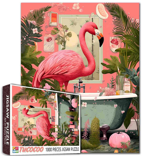 Flamingo in Tropical Bathroom Jigsaw Puzzle