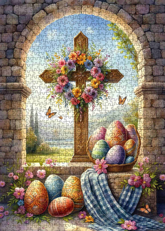 Floral Cross Easter Blessing Scene Jigsaw Puzzle