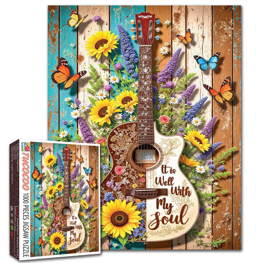 Floral Guitar Butterfly Rustic Wood Art Jigsaw Puzzle