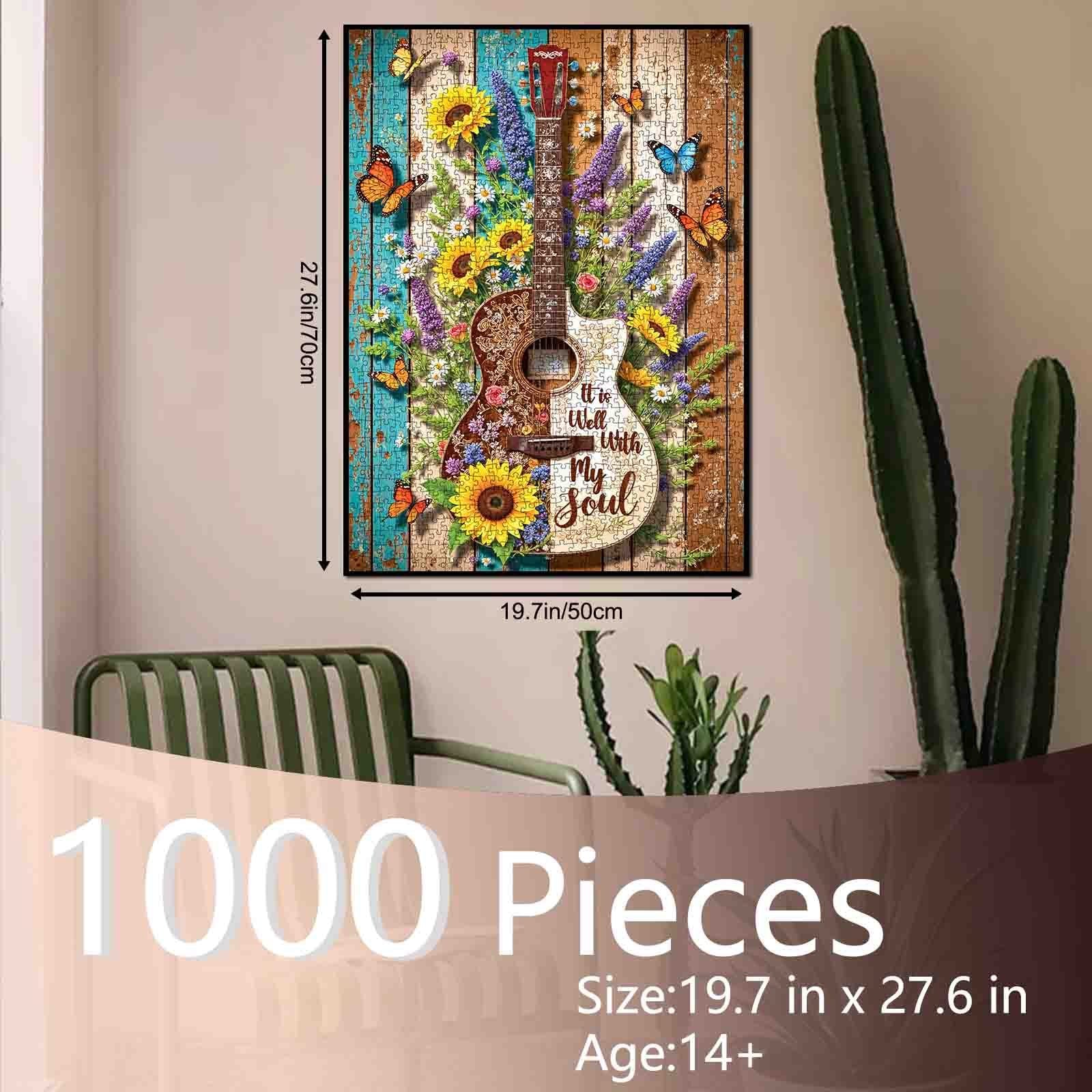 Floral Guitar Butterfly Rustic Wood Art Jigsaw Puzzle