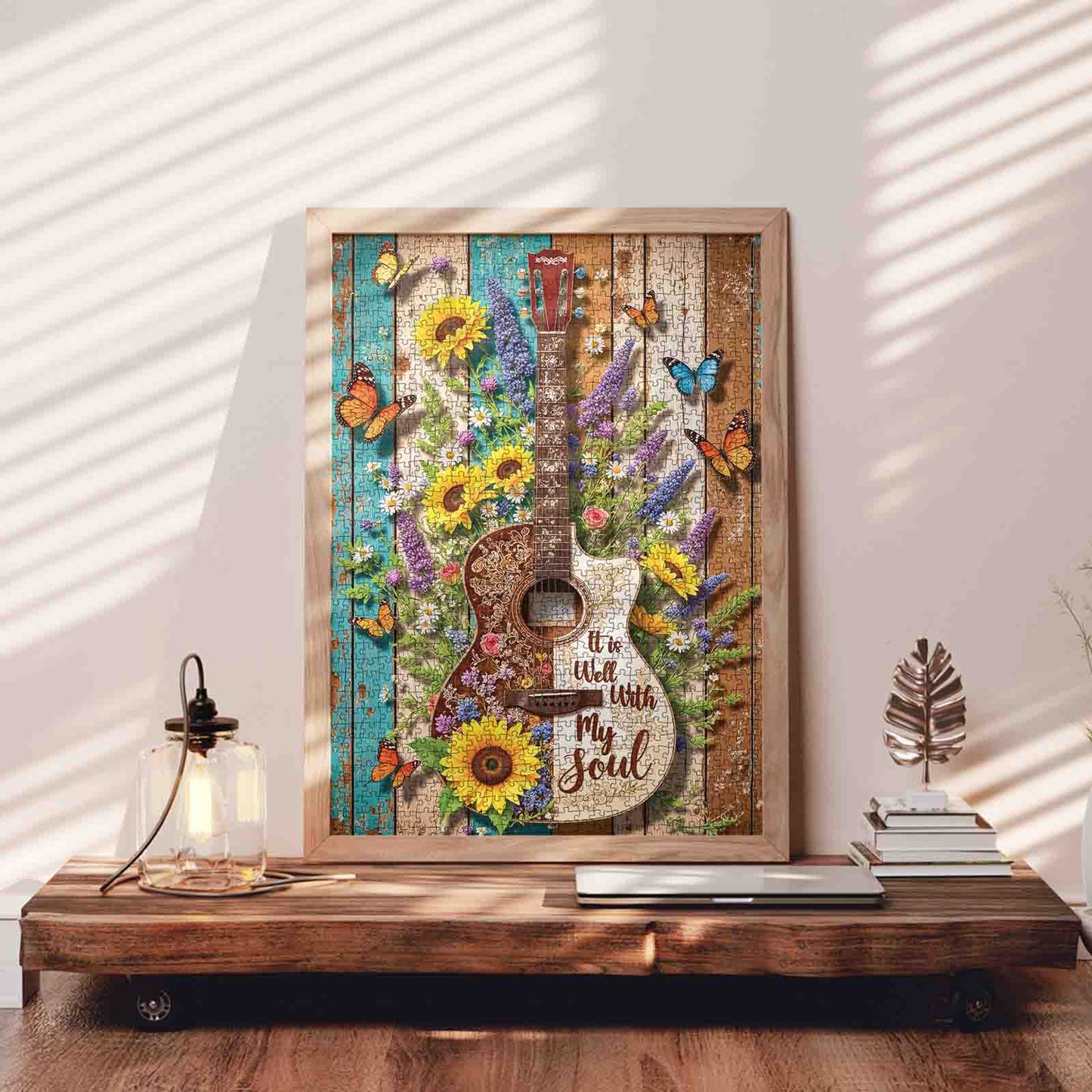 Floral Guitar Butterfly Rustic Wood Art Jigsaw Puzzle