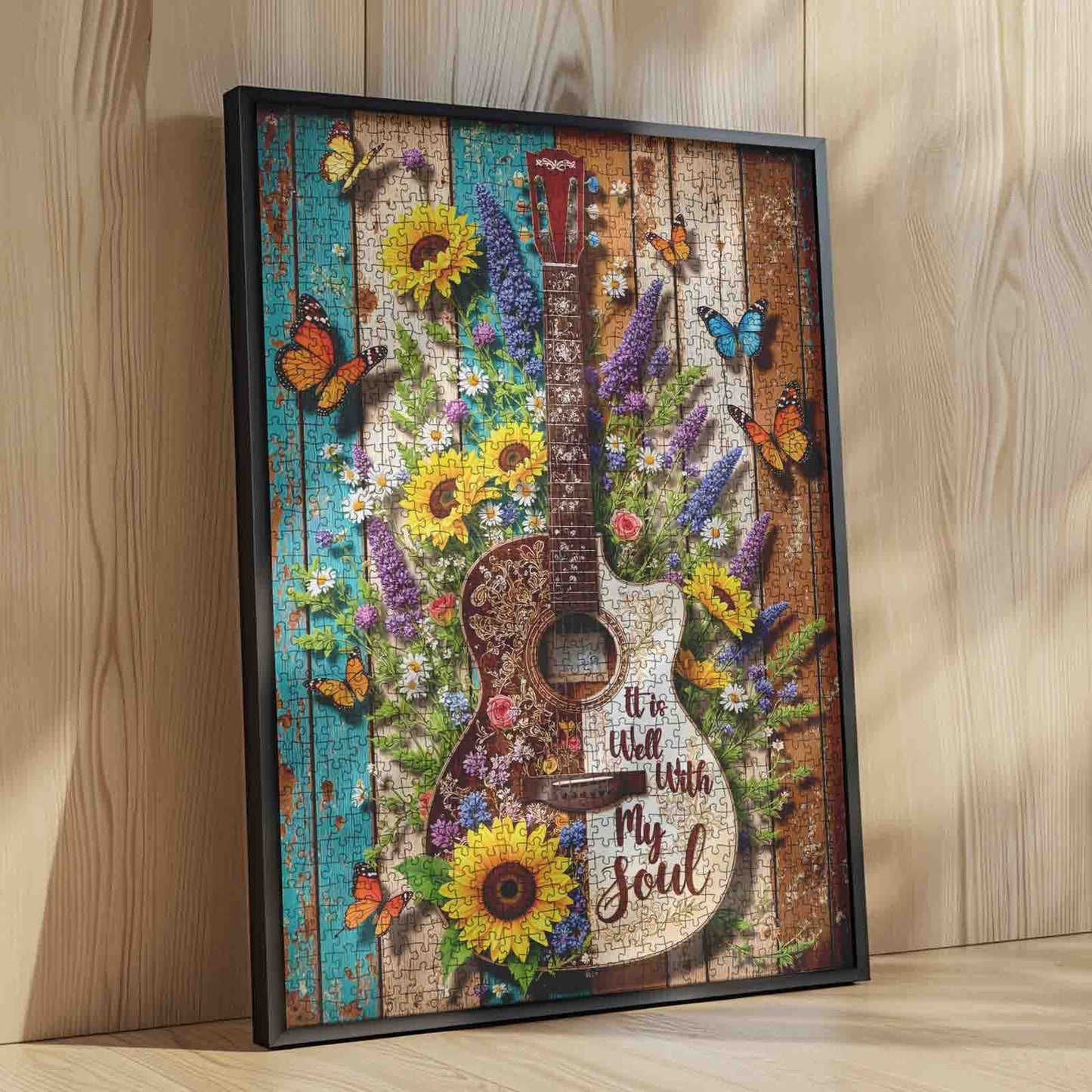 Floral Guitar Butterfly Rustic Wood Art Jigsaw Puzzle