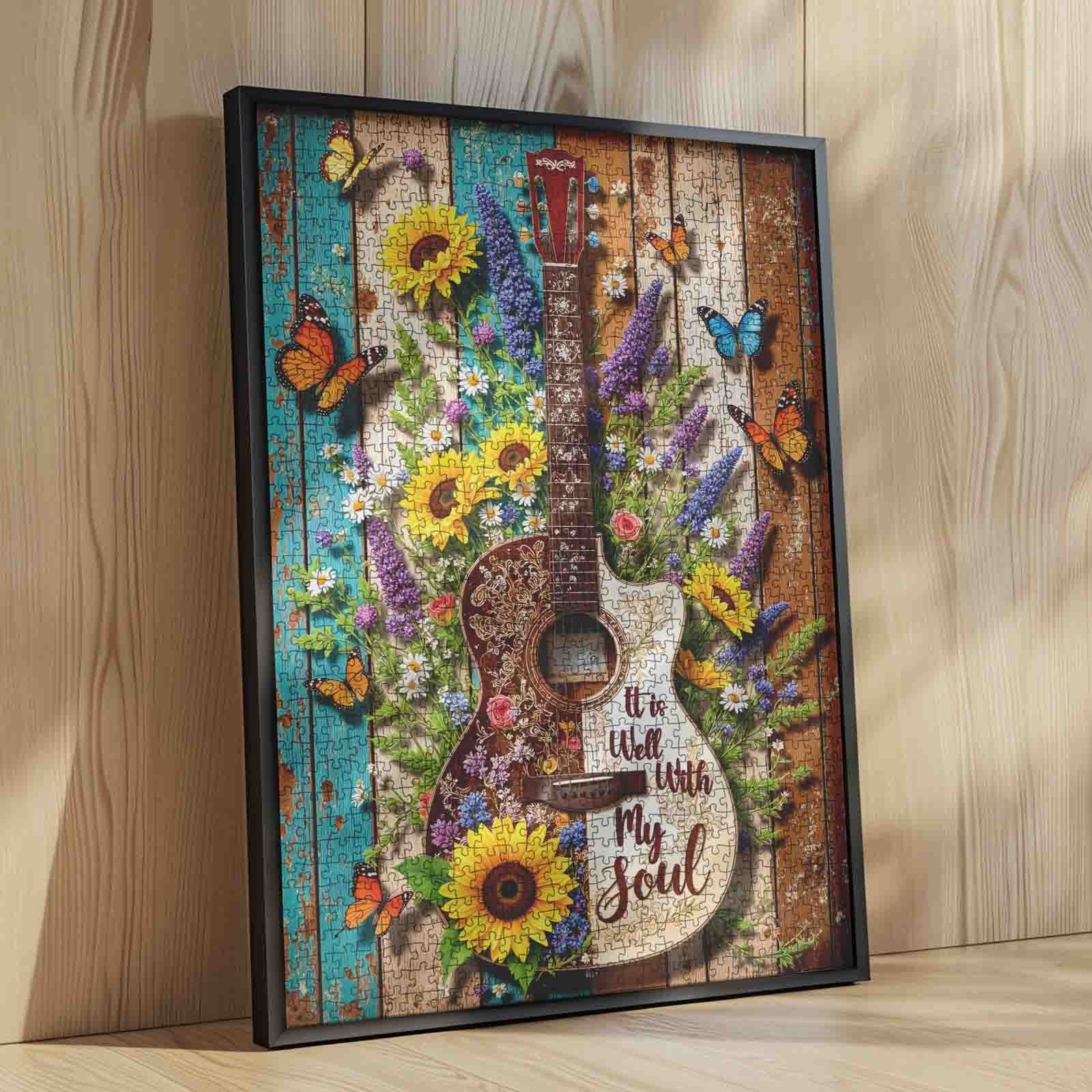 Floral Guitar Butterfly Rustic Wood Art Jigsaw Puzzle
