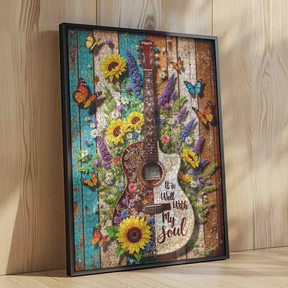 Floral Guitar Butterfly Rustic Wood Art Jigsaw Puzzle