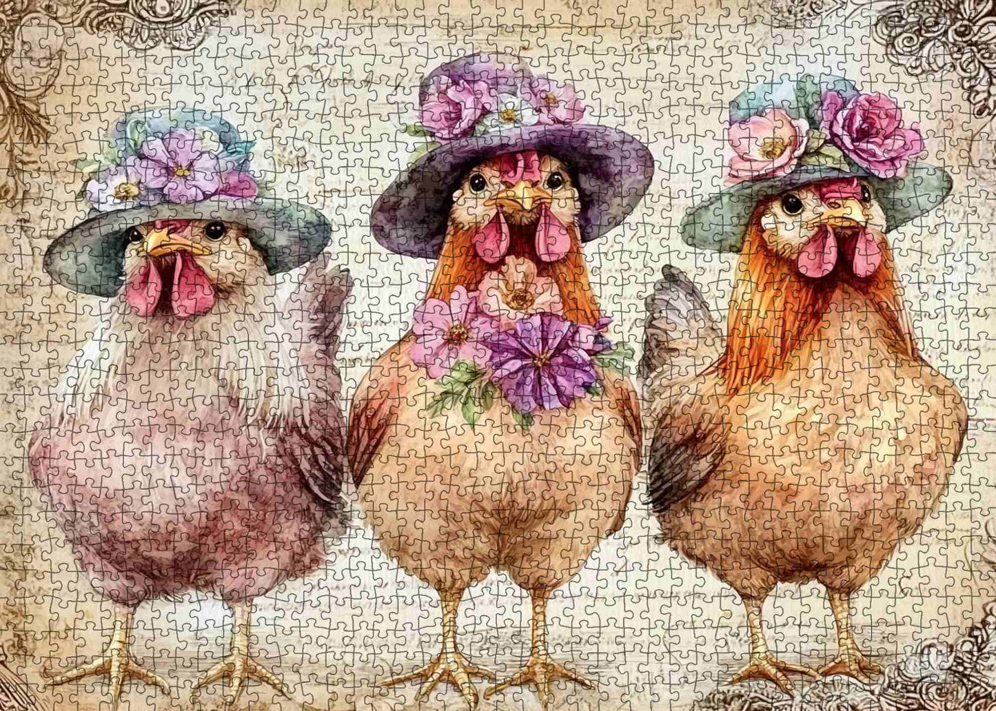 Floral Hat Farm Chickens Jigsaw Puzzle