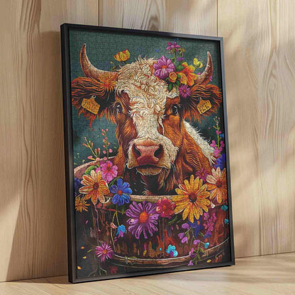 Flower-Crowned Cow in Wooden Tub Jigsaw Puzzle