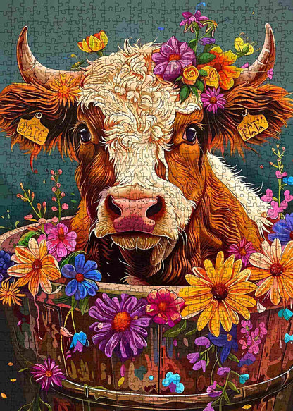 Flower-Crowned Cow in Wooden Tub Jigsaw Puzzle