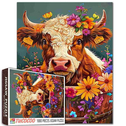 Flower-Crowned Cow in Wooden Tub Jigsaw Puzzle