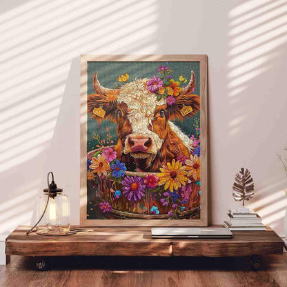 Flower-Crowned Cow in Wooden Tub Jigsaw Puzzle