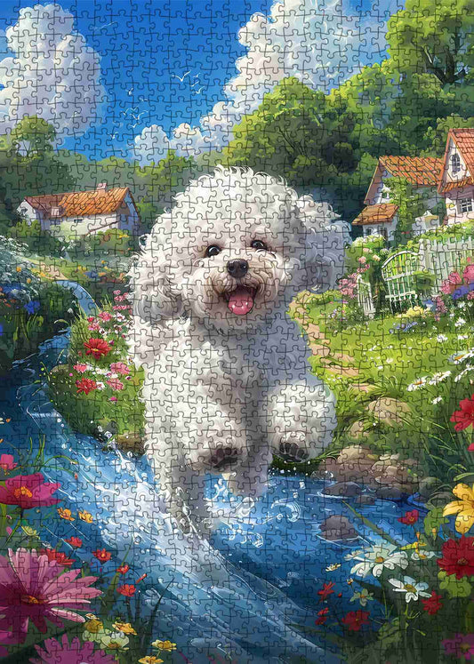 Flower Garden River Dog Jigsaw Puzzle
