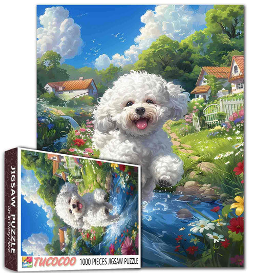 Flower Garden River Dog Jigsaw Puzzle