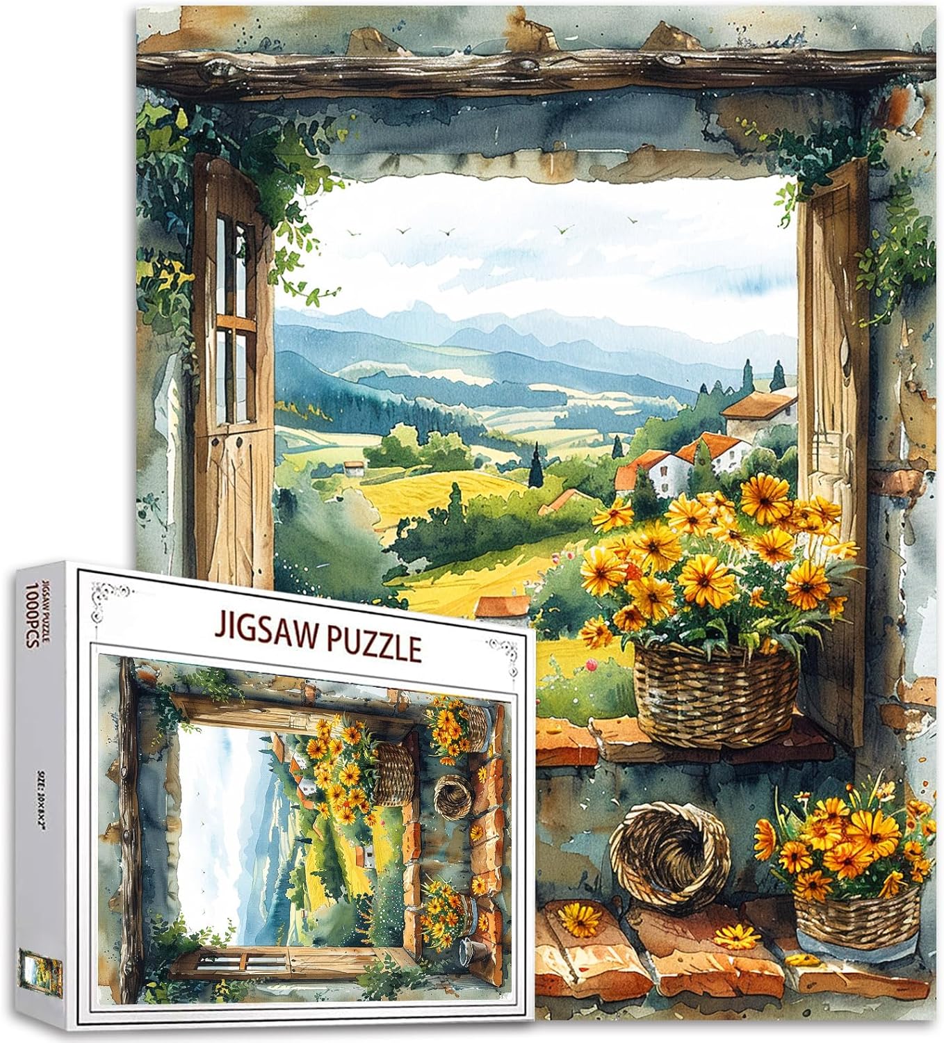 Puzzle mit Blumenkorb am Landfenster