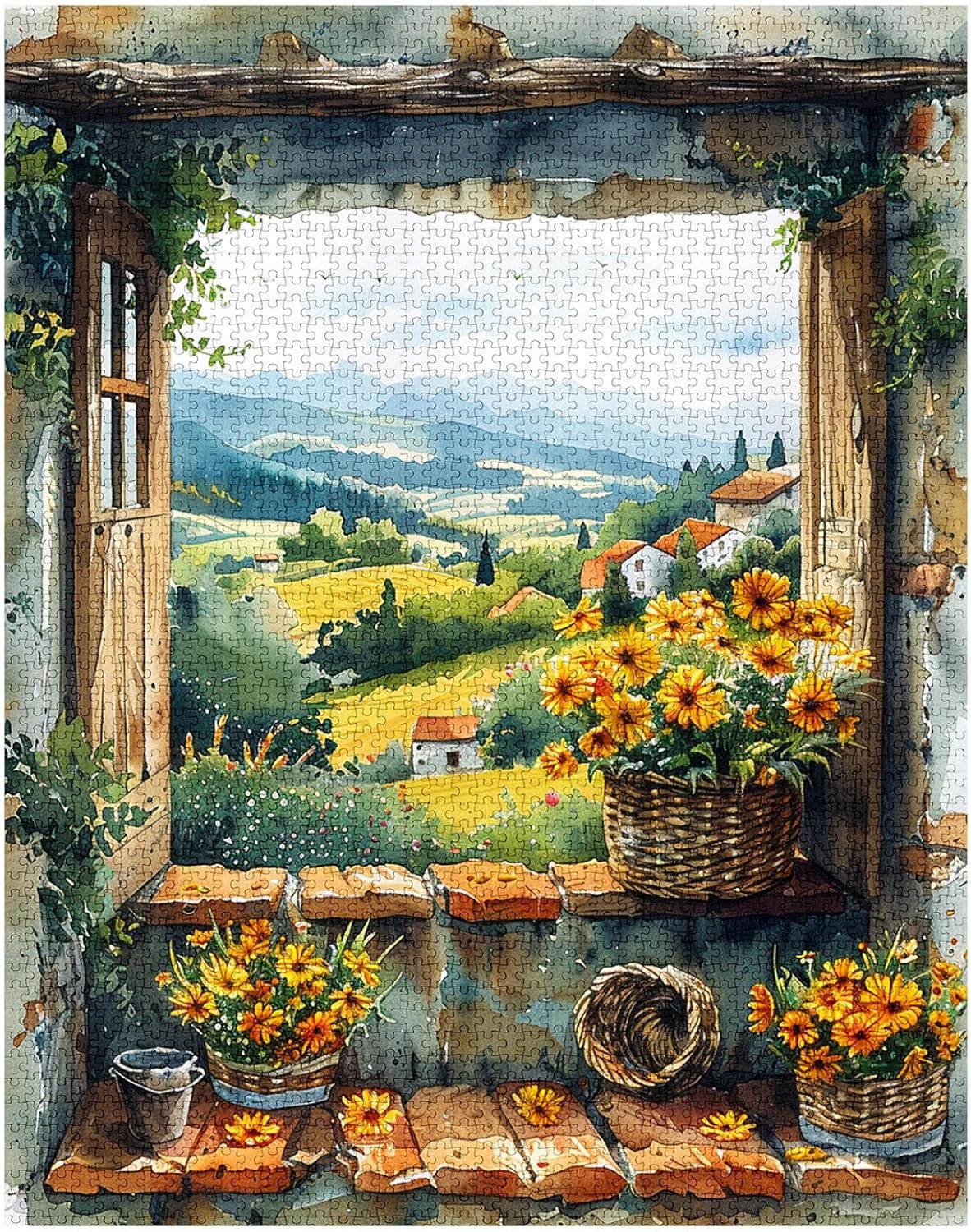 Puzzle mit Blumenkorb am Landfenster