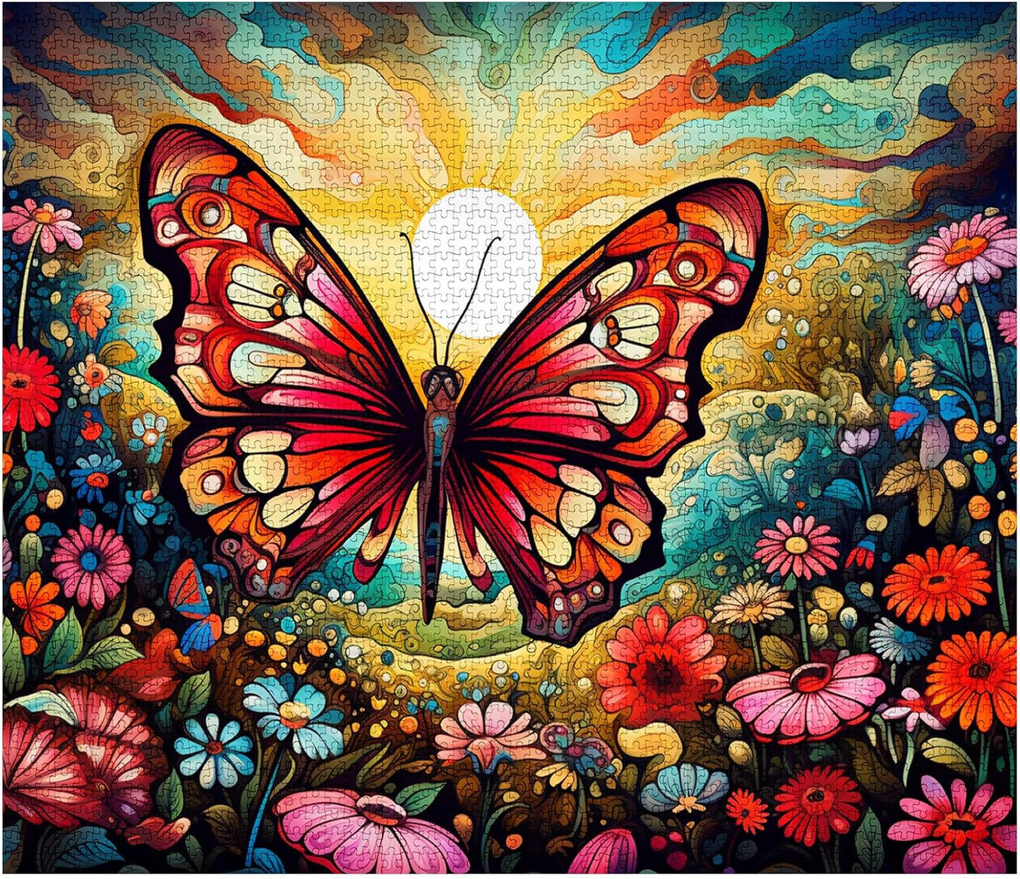 Butterfly Flowers Sun Retro Abstract Jigsaw Puzzles