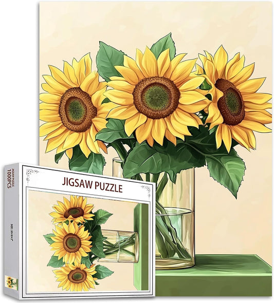 Sunflowers in Glass Vase Retro Art Jigsaw Puzzles