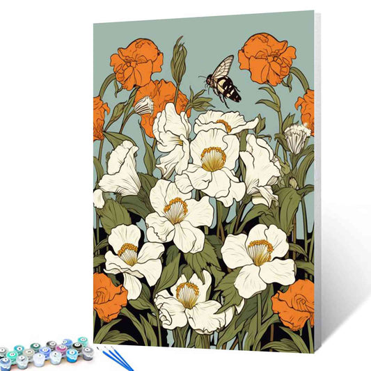 Delicate White and Orange Flowers with Bee Paint by Numbers